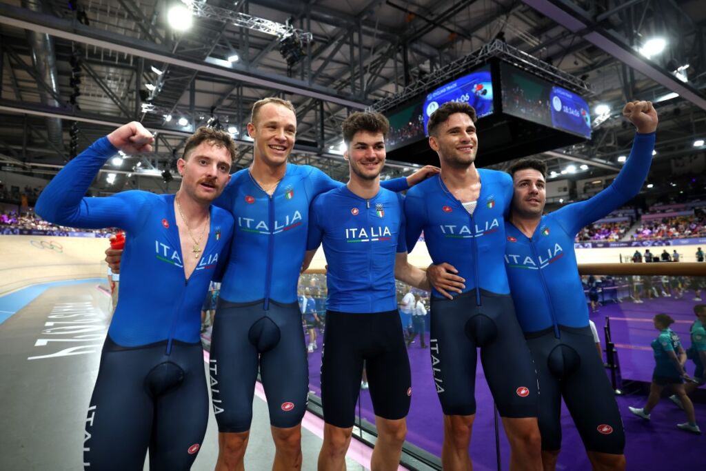 Bronze medalists Simone Consonni, Filippo Ganna, Francesco Lamon and Jonathan Milan and teammates of Team Italy celebrate after the Men's Team Pursuit Finals